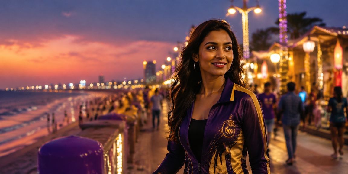 Scenic Chennai Marina Beach at night, cricket betting activity visible