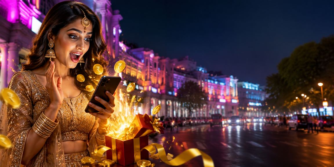 Modern Indian woman using mobile casino app in Delhi