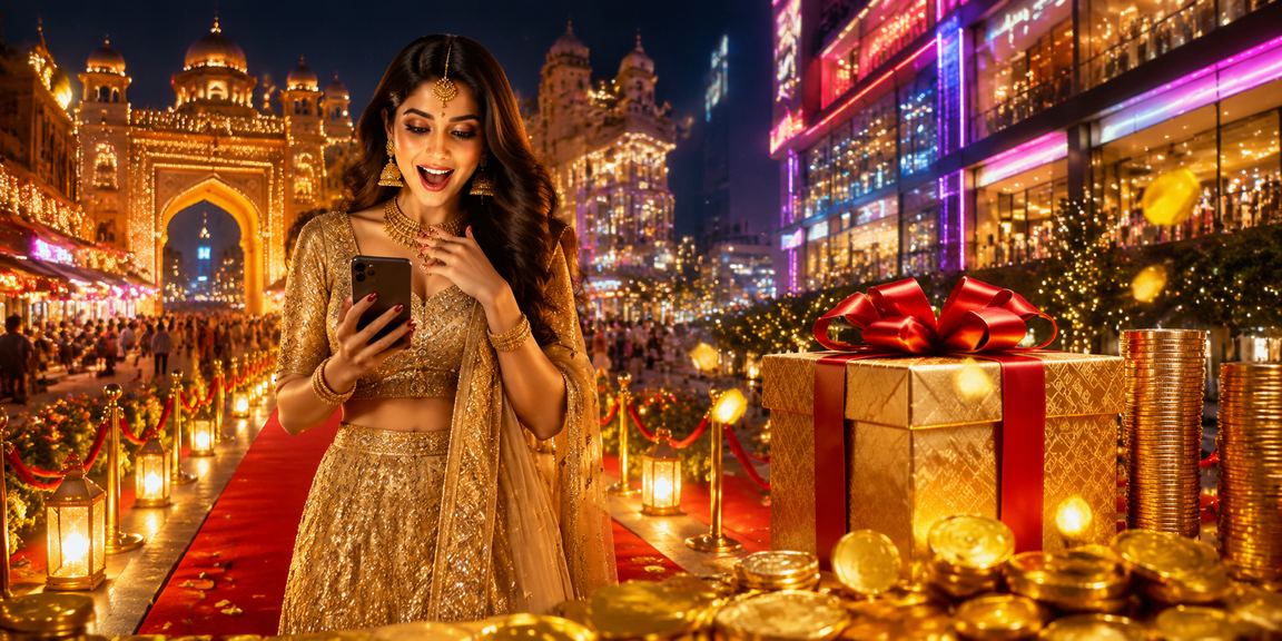 Indian woman holding smartphone playing slot games online with traditional lehenga in background